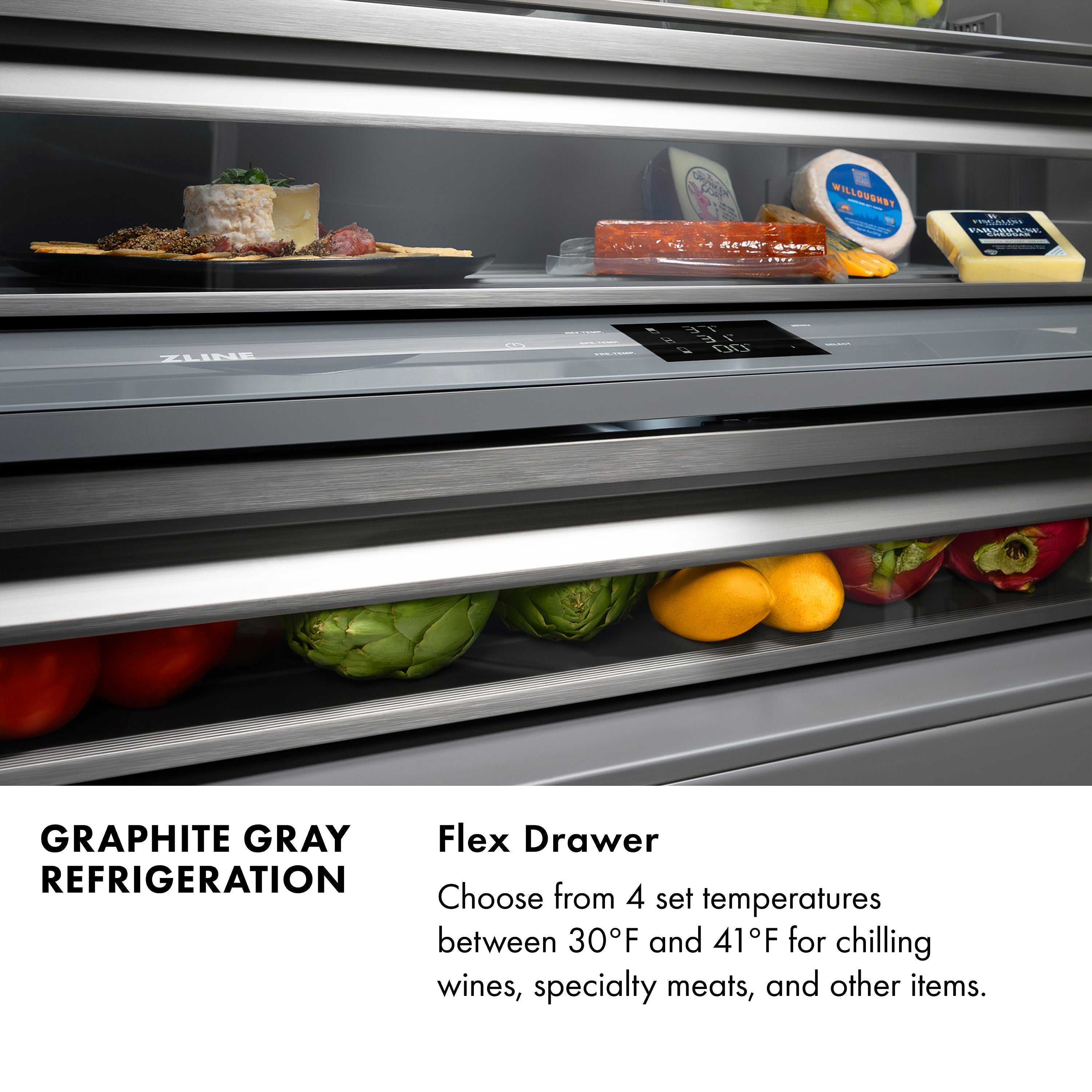 ZLINE 30 in. Built-In Bottom Freezer Refrigerator 16.1 cu. ft. Water Dispenser Ice Maker Stainless Steel Graphite Gray Interior Polished Gold Helix Handles (GRBIVZ-30430KG)