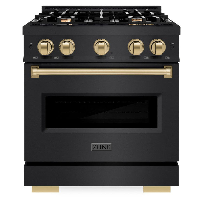 ZLINE 30 in. Gas Range 4.2 cu. ft. 4 Burners Black Stainless Steel Champagne Bronze Accents (CGRBZ-30-CB)