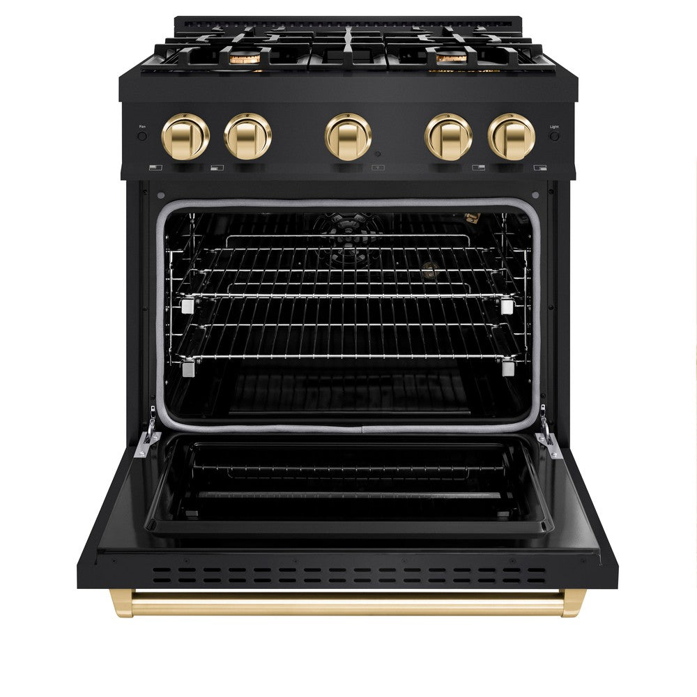 ZLINE 30 in. Gas Range 4.2 cu. ft. 4 Burner Cooktop Black Stainless Steel with Polished Gold Accents (CGRBZ-30-G)
