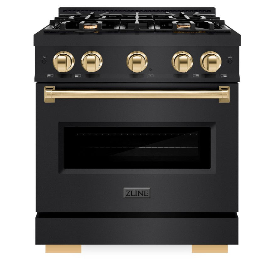 ZLINE 30 in. Gas Range 4.2 cu. ft. 4 Burner Cooktop Black Stainless Steel with Polished Gold Accents (CGRBZ-30-G)