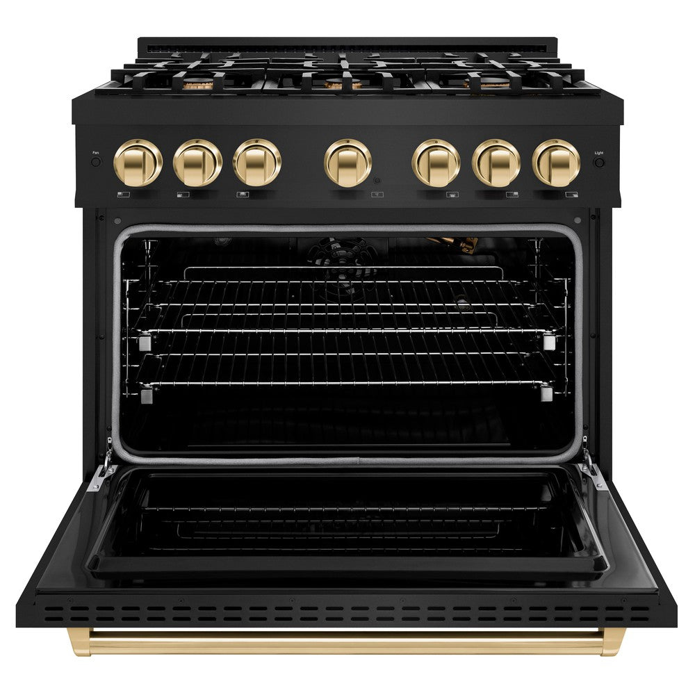 ZLINE 36 in. Gas Range – 5.2 cu. ft. – 6 Burner Cooktop – Black Stainless Steel with Polished Gold Accents (CGRBZ-36-G)