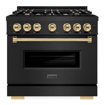 ZLINE 36 in. Gas Range – 5.2 cu. ft. – 6 Burner Cooktop – Black Stainless Steel with Polished Gold Accents (CGRBZ-36-G)