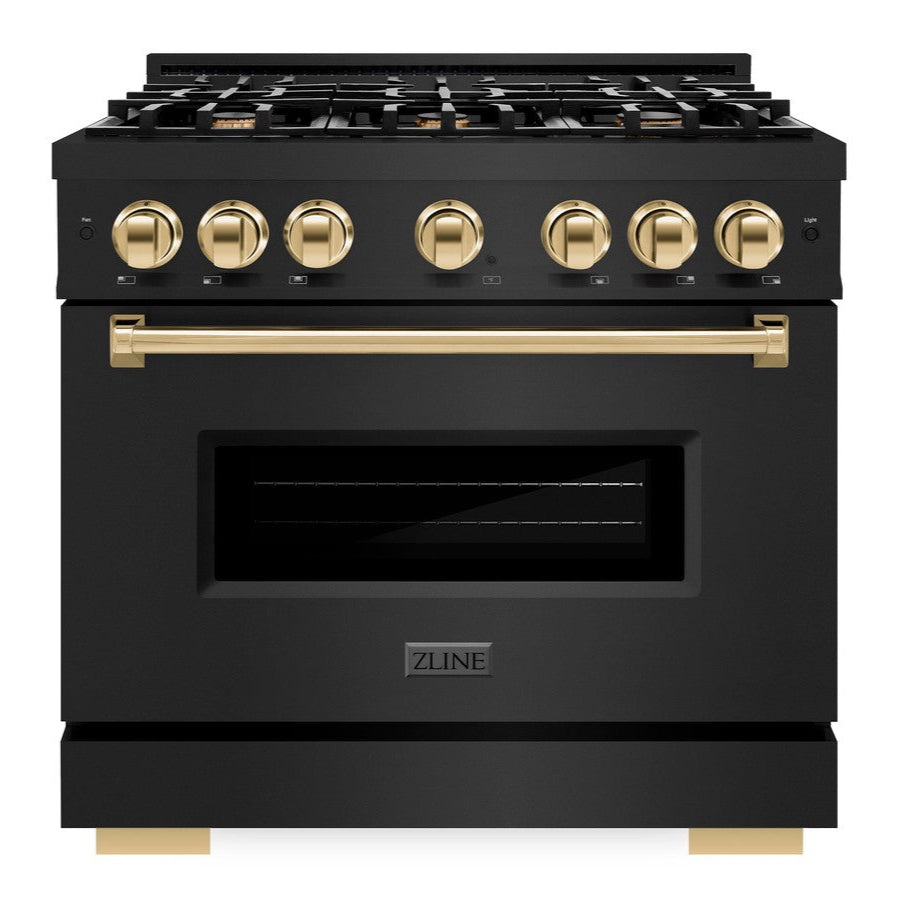 ZLINE 36 in. Gas Range – 5.2 cu. ft. – 6 Burner Cooktop – Black Stainless Steel with Polished Gold Accents (CGRBZ-36-G)