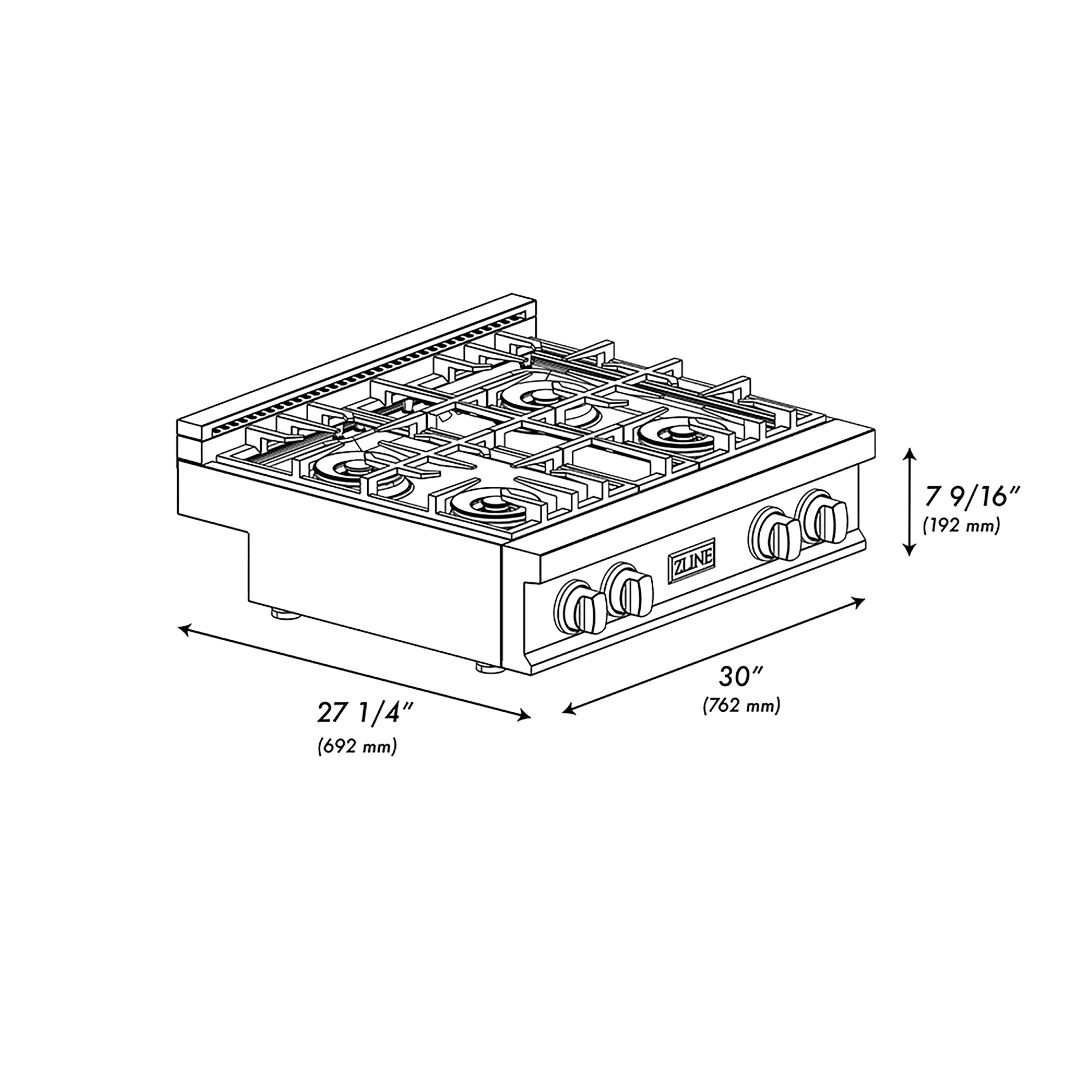 ZLINE 30" Classic Gas Rangetop with 4 Burner DuoPro™ Cooktop in Black Stainless Steel, PCRTB-30