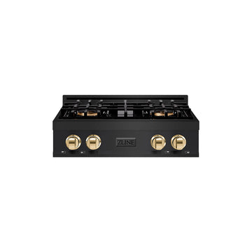ZLINE Autograph 30" Classic Gas Rangetop with 4 Burner DuoPro™ Cooktop in Black Stainless Steel and Polished Gold Accents, PCRTBZ-30-G