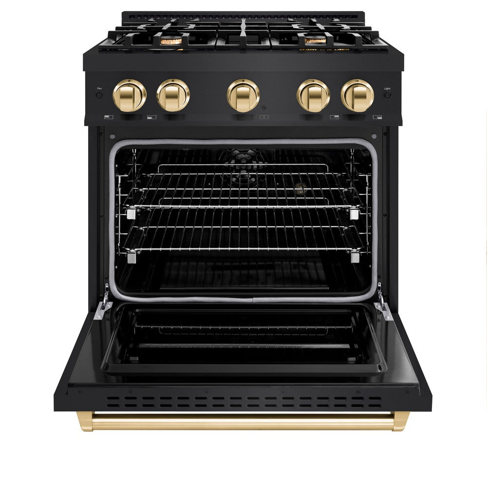 ZLINE 30 in. Dual Fuel Range 4.2 cu. ft. 4 Gas Burners Black Stainless Steel Polished Gold Accents (CDRBZ-30-G)