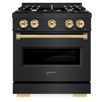 ZLINE 30 in. Dual Fuel Range 4.2 cu. ft. 4 Gas Burners Black Stainless Steel Polished Gold Accents (CDRBZ-30-G)