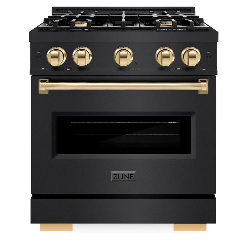 ZLINE 30 in. Dual Fuel Range 4.2 cu. ft. 4 Gas Burners Black Stainless Steel Polished Gold Accents (CDRBZ-30-G)