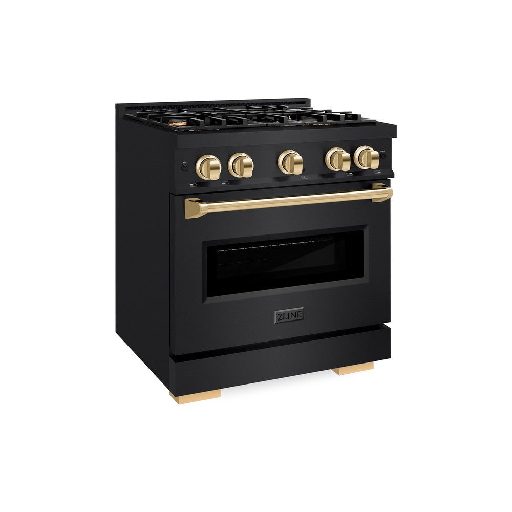ZLINE 30 in. Dual Fuel Range 4.2 cu. ft. 4 Gas Burners Black Stainless Steel Polished Gold Accents (CDRBZ-30-G)