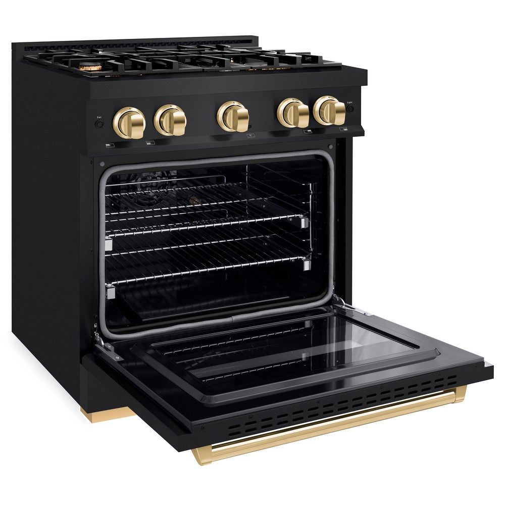 ZLINE 30 in. Dual Fuel Range 4.2 cu. ft. 4 Gas Burners Black Stainless Steel Polished Gold Accents (CDRBZ-30-G)