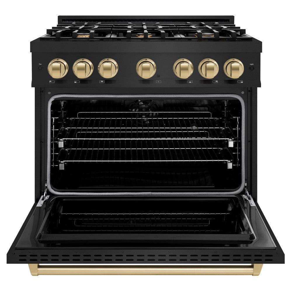 ZLINE Autograph Edition 36 in. Classic Dual Fuel Range, 5.2 cu. ft., 6 Burner Gas Cooktop with Electric Convection Oven, Black Stainless Steel with Champagne Bronze Accents (CDRBZ-36-CB)