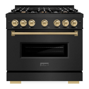 ZLINE Autograph Edition 36 in. Classic Dual Fuel Range, 5.2 cu. ft., 6 Burner Gas Cooktop with Electric Convection Oven, Black Stainless Steel with Champagne Bronze Accents (CDRBZ-36-CB)