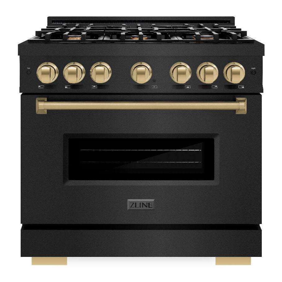 ZLINE Autograph Edition 36 in. Classic Dual Fuel Range, 5.2 cu. ft., 6 Burner Gas Cooktop with Electric Convection Oven, Black Stainless Steel with Champagne Bronze Accents (CDRBZ-36-CB)