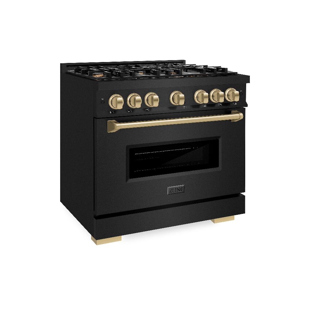 ZLINE Autograph Edition 36 in. Classic Dual Fuel Range, 5.2 cu. ft., 6 Burner Gas Cooktop with Electric Convection Oven, Black Stainless Steel with Champagne Bronze Accents (CDRBZ-36-CB)