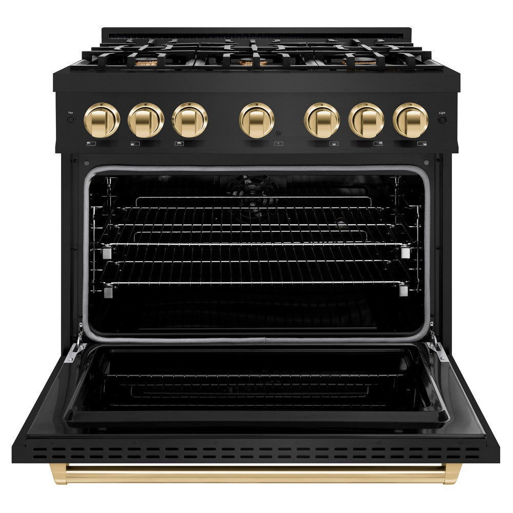 ZLINE 36 in. Dual Fuel Range 5.2 cu. ft. 6 Burner Gas Cooktop Electric Convection Oven Black Stainless Steel with Polished Gold Accents (CDRBZ-36-G)
