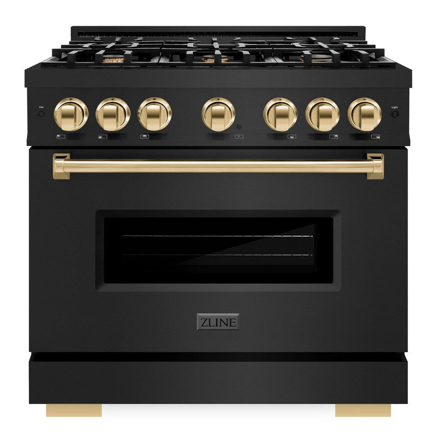 ZLINE 36 in. Dual Fuel Range 5.2 cu. ft. 6 Burner Gas Cooktop Electric Convection Oven Black Stainless Steel with Polished Gold Accents (CDRBZ-36-G)