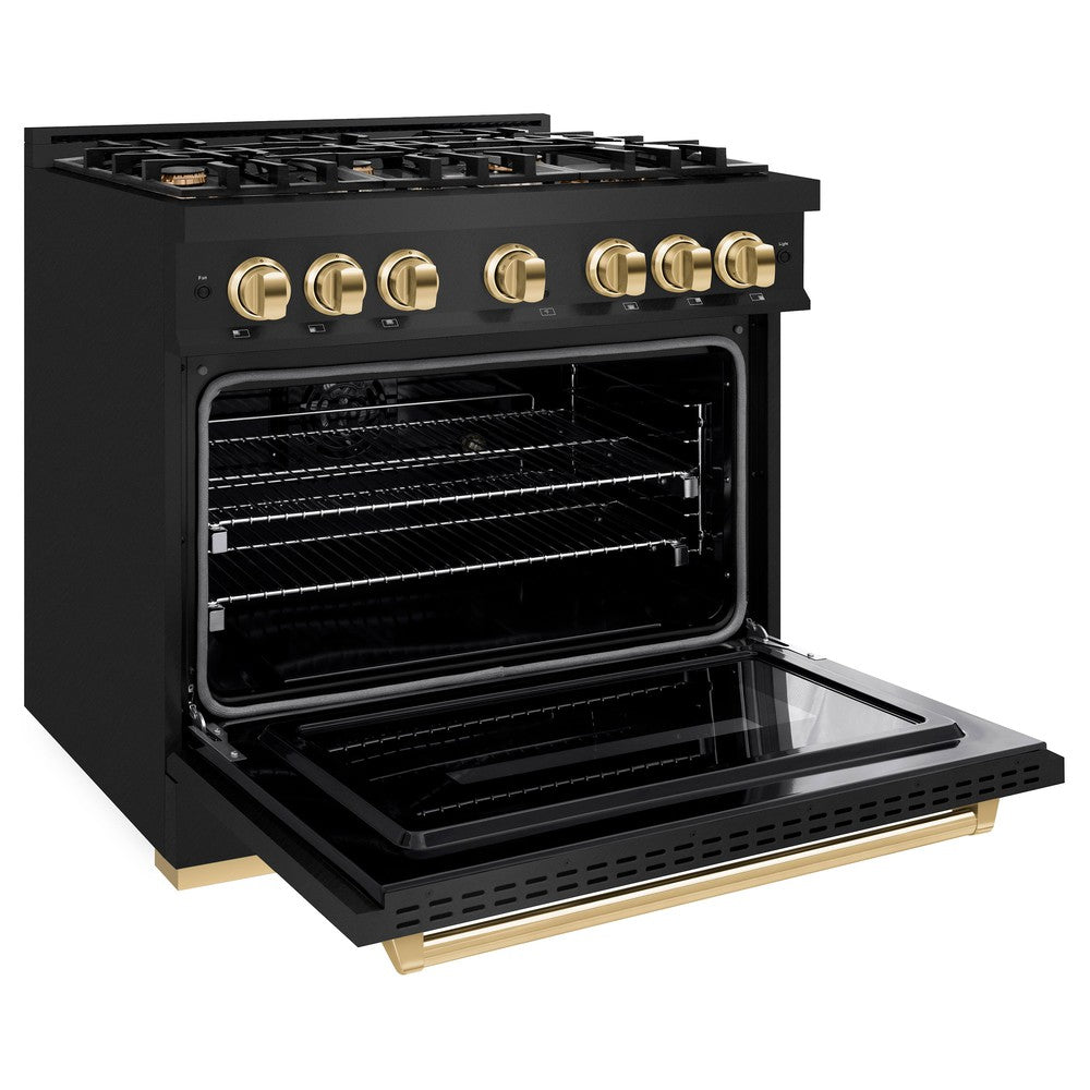 ZLINE 36 in. Dual Fuel Range 5.2 cu. ft. 6 Burner Gas Cooktop Electric Convection Oven Black Stainless Steel with Polished Gold Accents (CDRBZ-36-G)