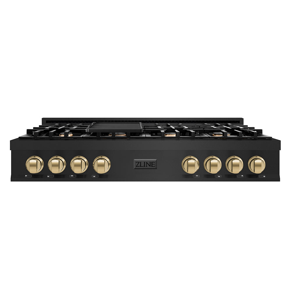 ZLINE Autograph Edition 48 In. Porcelain Rangetop with 7 Gas Burners in Black Stainless Steel and Champagne Bronze Accents, RTBZ-48-CB