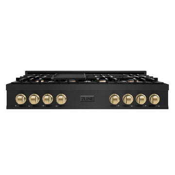 ZLINE Autograph Edition 48 In. Porcelain Rangetop with 7 Gas Burners in Black Stainless Steel and Champagne Bronze Accents, RTBZ-48-CB
