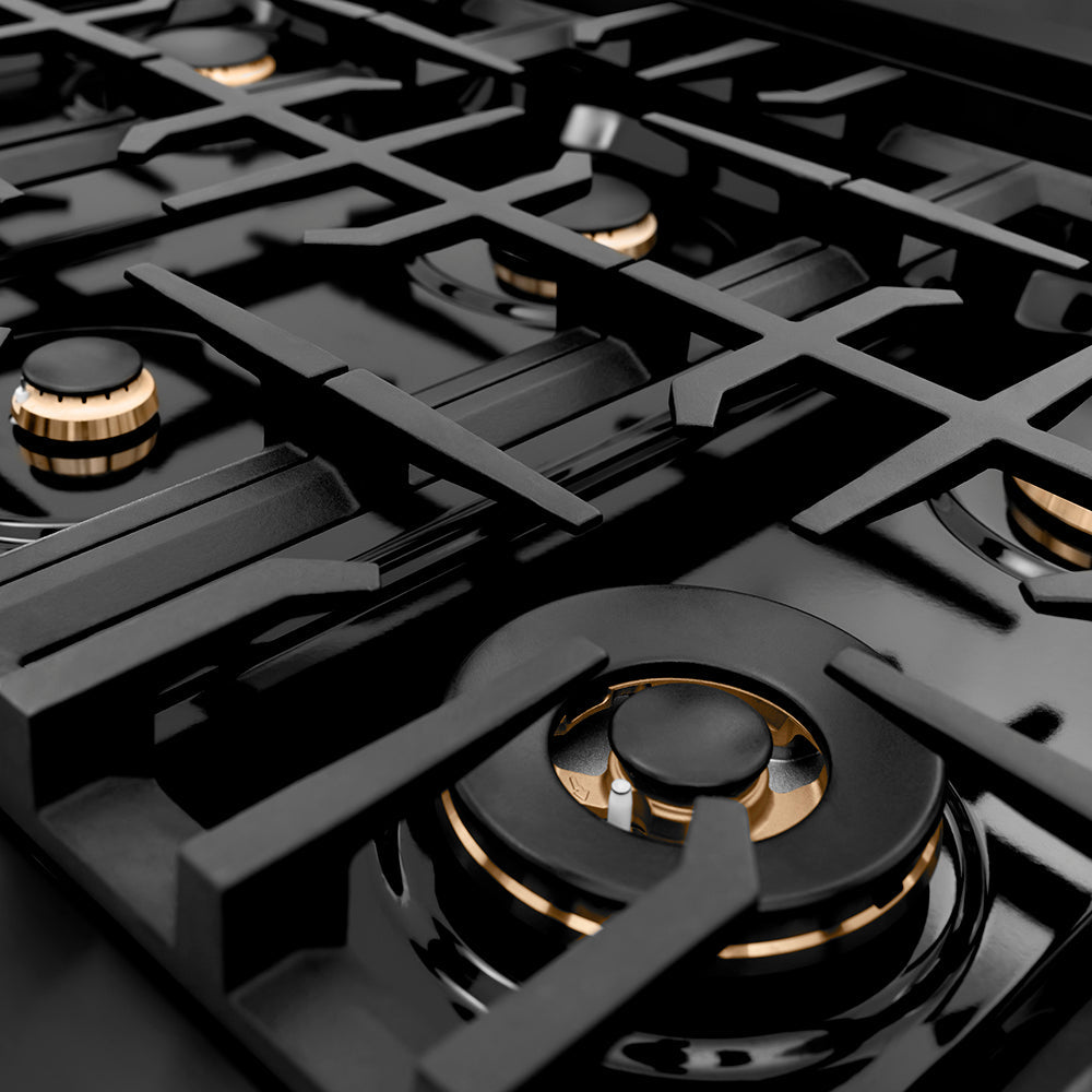 ZLINE Autograph Edition 48 Inch Porcelain Rangetop with 7 Gas Burners in Black Stainless Steel and Gold Accents, RTBZ-48-G