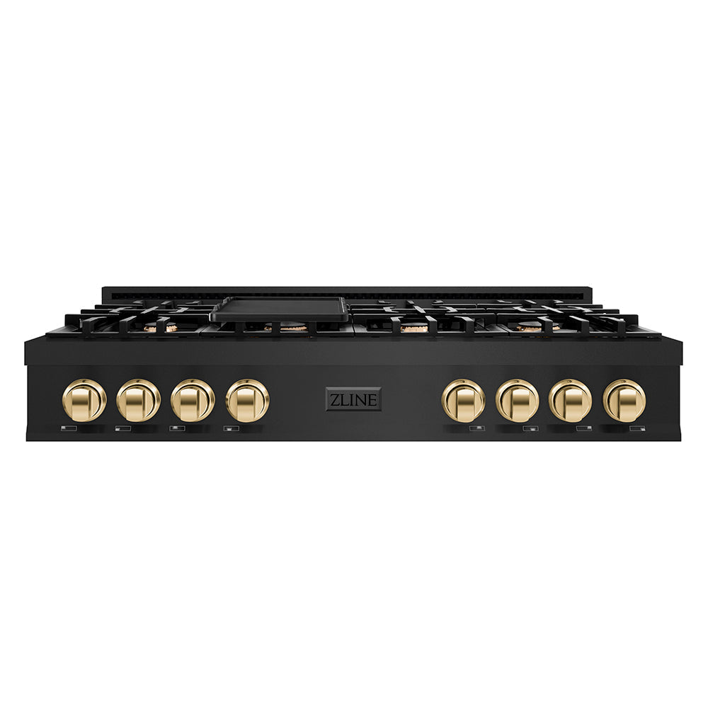 ZLINE Autograph Edition 48 Inch Porcelain Rangetop with 7 Gas Burners in Black Stainless Steel and Gold Accents, RTBZ-48-G