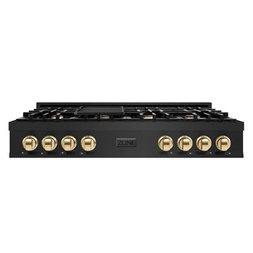 ZLINE Autograph Edition 48 Inch Porcelain Rangetop with 7 Gas Burners in Black Stainless Steel and Gold Accents, RTBZ-48-G