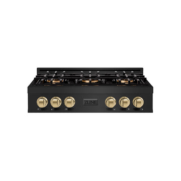 ZLINE Autograph 36" Classic Gas Rangetop with 6 Burner DuoPro™ Cooktop in Black Stainless Steel and Champagne Bronze Accents, PCRTBZ-36-CB