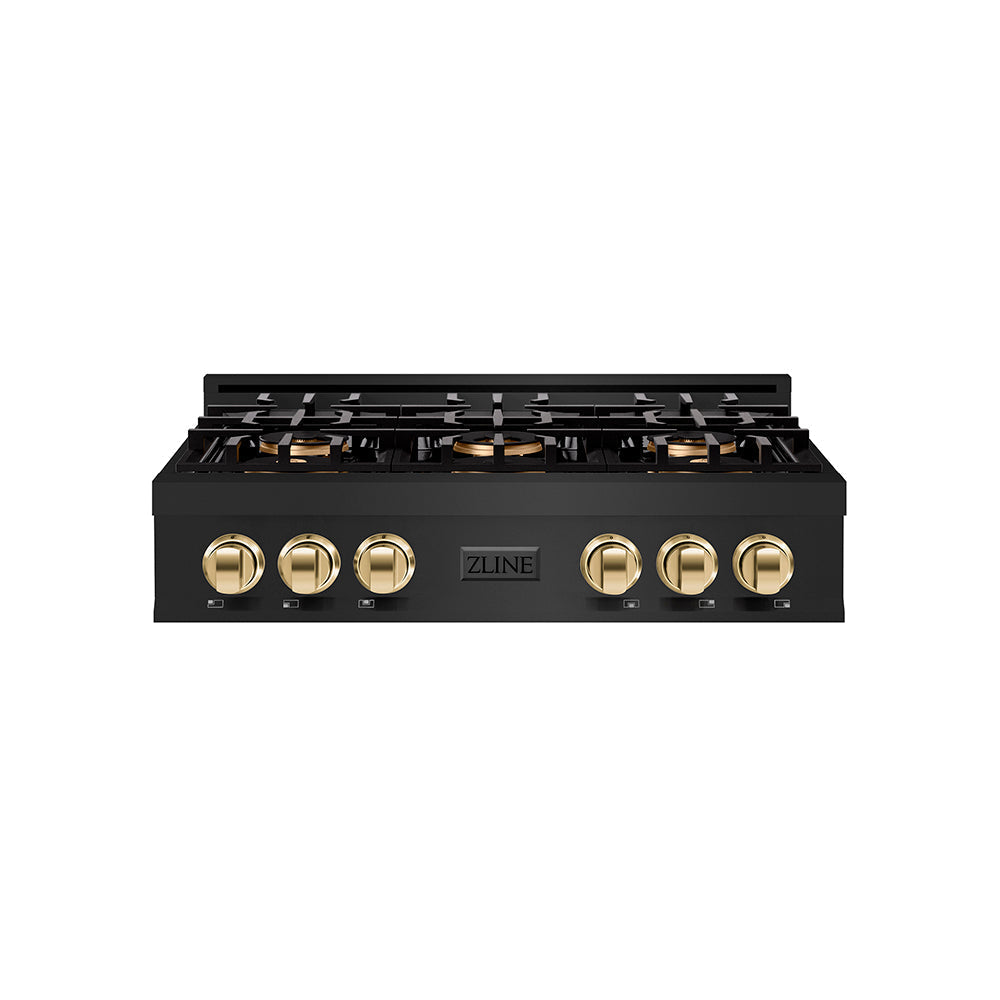 ZLINE Autograph 36" Classic Gas Rangetop with 6 Burner DuoPro™ Cooktop in Black Stainless Steel and Polished Gold Accents, PCRTBZ-36-G