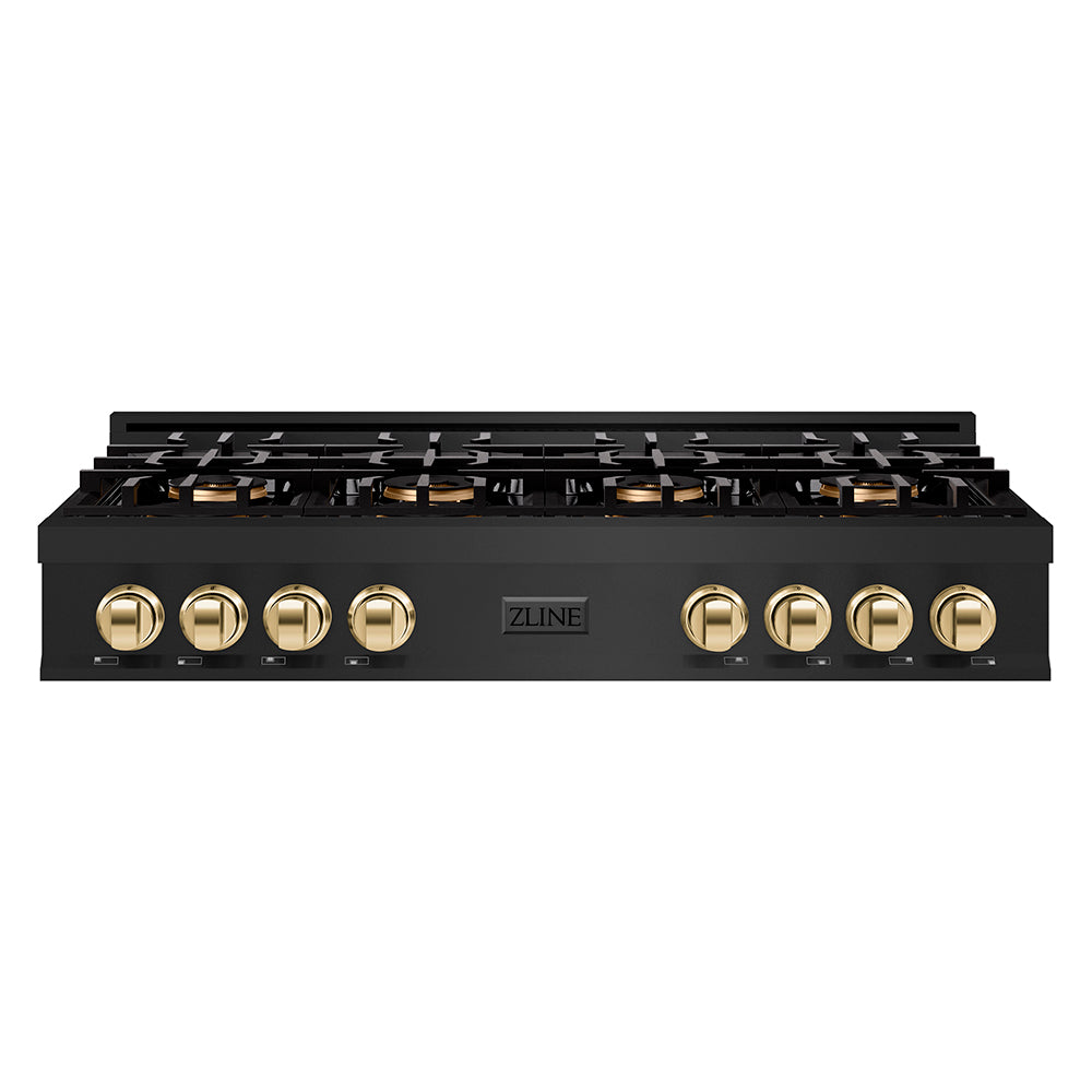 ZLINE Autograph 48" Classic Gas Rangetop with 8 Burner DuoPro™ Cooktop in Black Stainless Steel and Polished Gold Accents, PCRTBZ-48-G