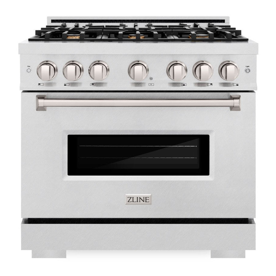 ZLINE 36 in. Dual Fuel Range 5.2 cu. ft. Gas Cooktop with 6 Brass Burners & Electric Convection Oven – Satin Stainless Steel (CDRS-BR-36)