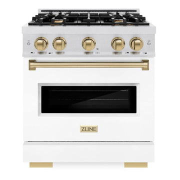 ZLINE Autograph Edition 30 in. Classic Dual Fuel Range, 4.2 cu. ft., 4 Burner Gas Cooktop with Electric Convection Oven, Satin Stainless Steel with White Matte Door and Champagne Bronze Accents (CDRSZ-WM-30-CB)