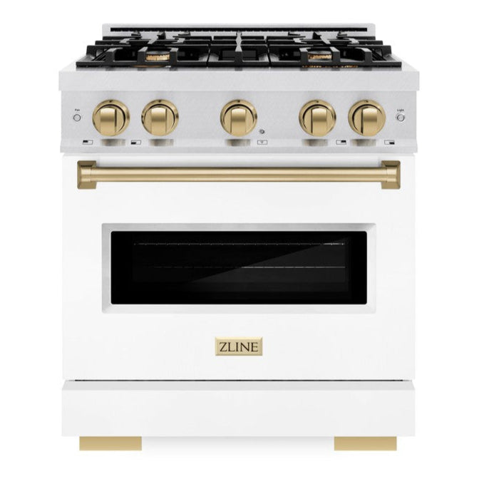 ZLINE Autograph Edition 30 in. Classic Dual Fuel Range, 4.2 cu. ft., 4 Burner Gas Cooktop with Electric Convection Oven, Satin Stainless Steel with White Matte Door and Champagne Bronze Accents (CDRSZ-WM-30-CB)