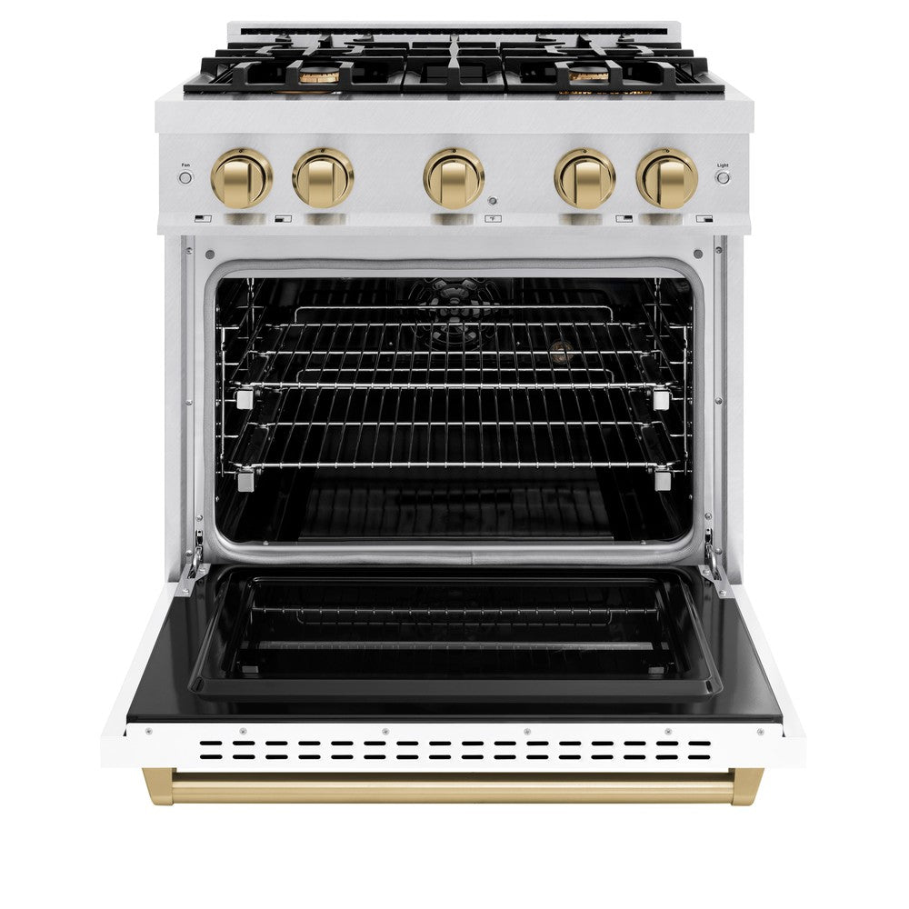 ZLINE Autograph Edition 30 in. Classic Dual Fuel Range, 4.2 cu. ft., 4 Burner Gas Cooktop with Electric Convection Oven, Satin Stainless Steel with White Matte Door and Champagne Bronze Accents (CDRSZ-WM-30-CB)