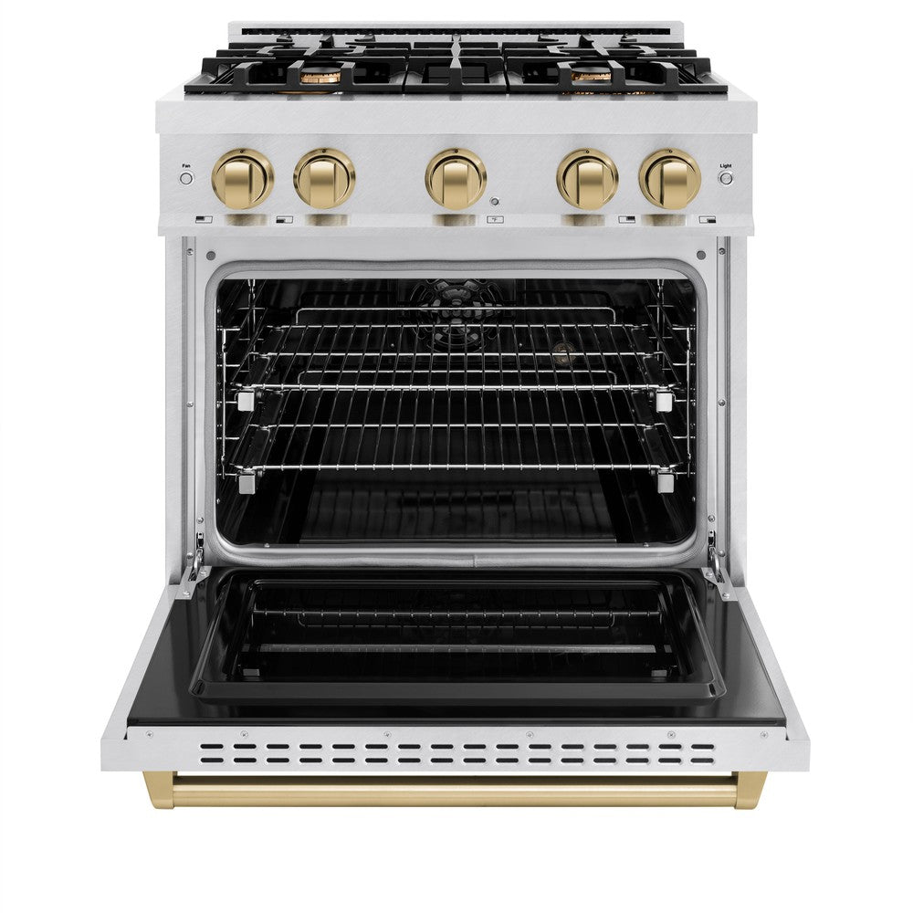 ZLINE Autograph Edition 30 in. Classic Dual Fuel Range, 4.2 cu. ft., 4 Burner Gas Cooktop with Electric Convection Oven, Satin Stainless Steel with Champagne Bronze Accents (CDRSZ-30-CB)