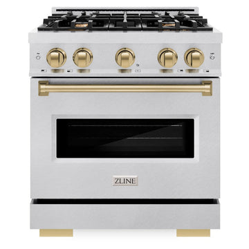 ZLINE Autograph Edition 30 in. Classic Dual Fuel Range, 4.2 cu. ft., 4 Burner Gas Cooktop with Electric Convection Oven, Satin Stainless Steel with Champagne Bronze Accents (CDRSZ-30-CB)
