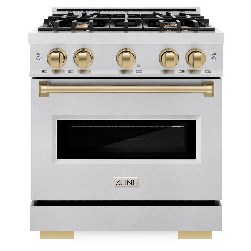 ZLINE Autograph Edition 30 in. Classic Dual Fuel Range, 4.2 cu. ft., 4 Burner Gas Cooktop with Electric Convection Oven, Satin Stainless Steel with Champagne Bronze Accents (CDRSZ-30-CB)