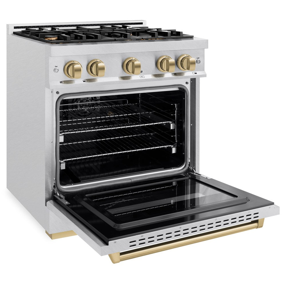 ZLINE Autograph Edition 30 in. Classic Dual Fuel Range, 4.2 cu. ft., 4 Burner Gas Cooktop with Electric Convection Oven, Satin Stainless Steel with Champagne Bronze Accents (CDRSZ-30-CB)