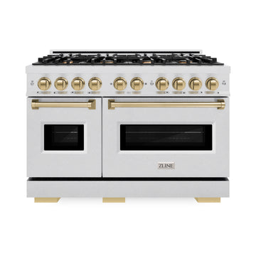 ZLINE 48 in. Dual Fuel Range Double Oven 6.7 cu. ft. Capacity 8 Brass Burners Satin Stainless Steel Champagne Bronze Accents (CDRSZ-48-CB)