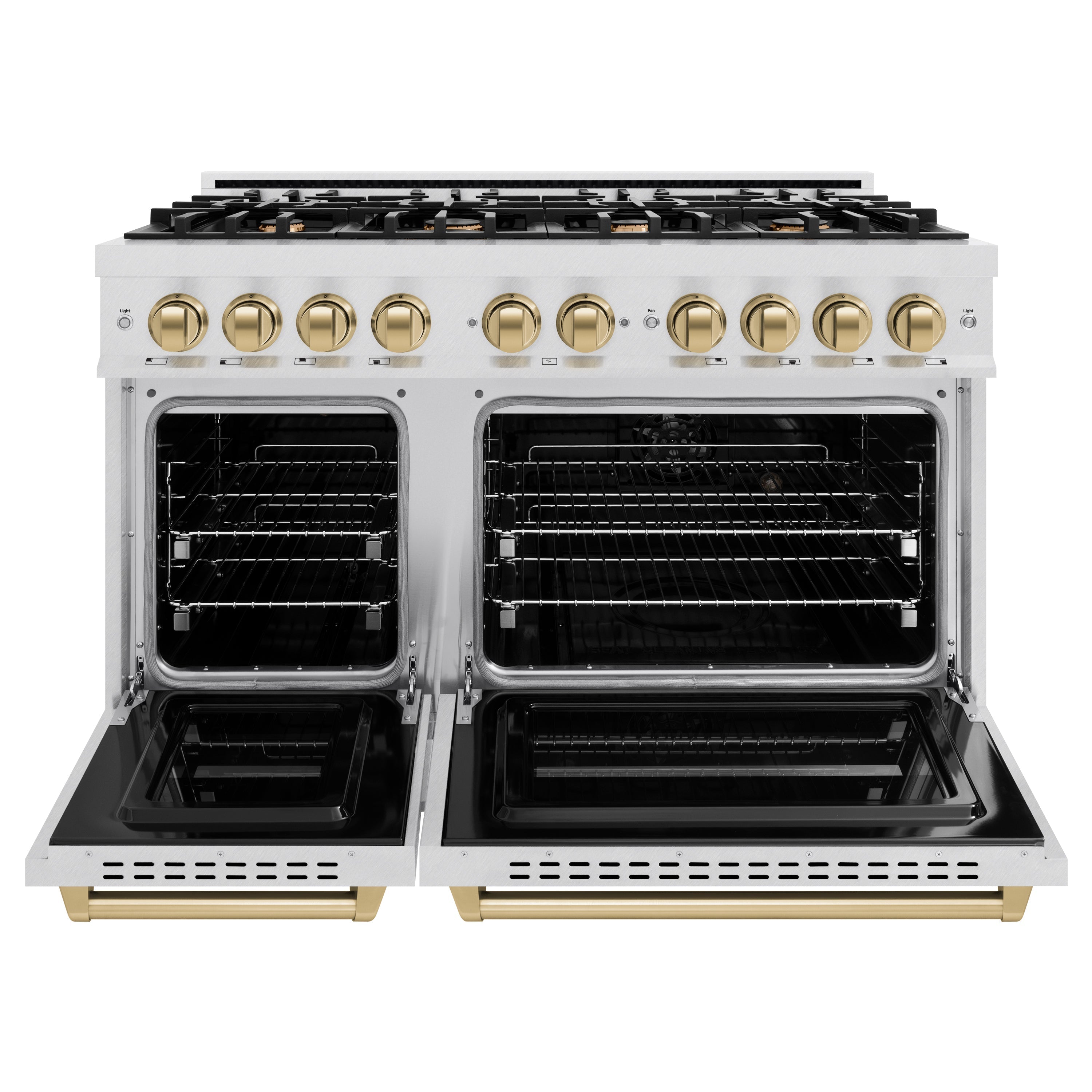ZLINE 48 in. Dual Fuel Range Double Oven 6.7 cu. ft. Capacity 8 Brass Burners Satin Stainless Steel Champagne Bronze Accents (CDRSZ-48-CB)
