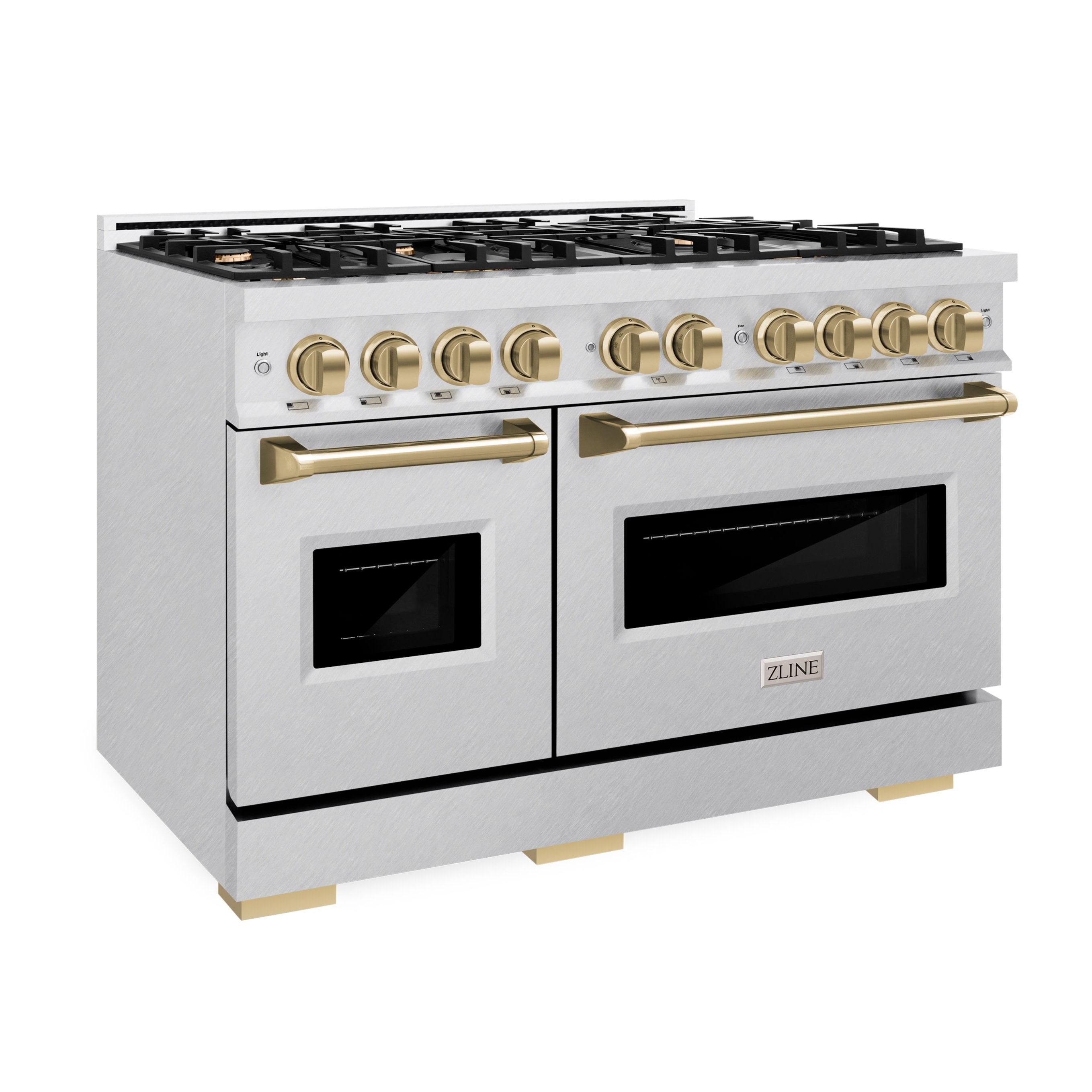 ZLINE 48 in. Dual Fuel Range Double Oven 6.7 cu. ft. Capacity 8 Brass Burners Satin Stainless Steel Champagne Bronze Accents (CDRSZ-48-CB)