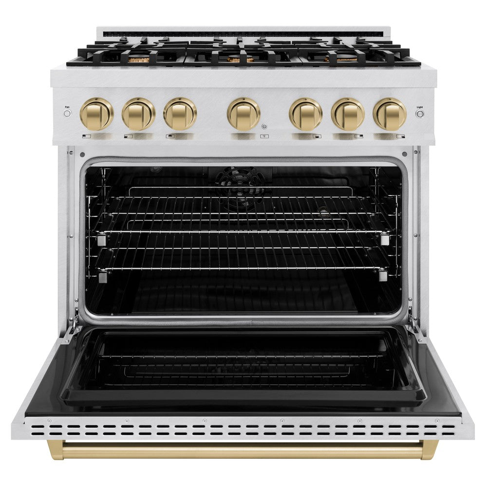 ZLINE 36 in. Dual Fuel Range 5.2 cu. ft. 6 Burner Gas Cooktop Electric Convection Oven Satin Stainless Steel Champagne Bronze Accents (CDRSZ-36-CB)