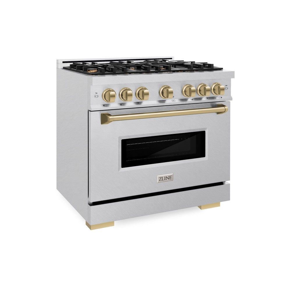 ZLINE 36 in. Dual Fuel Range 5.2 cu. ft. 6 Burner Gas Cooktop Electric Convection Oven Satin Stainless Steel Champagne Bronze Accents (CDRSZ-36-CB)