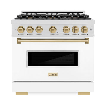 ZLINE 36 in. Dual Fuel Range 5.2 cu. ft. with 6 Burner Gas Cooktop, Electric Convection Oven, White Matte Door & Champagne Bronze Accents (CDRSZ-WM-36-CB)
