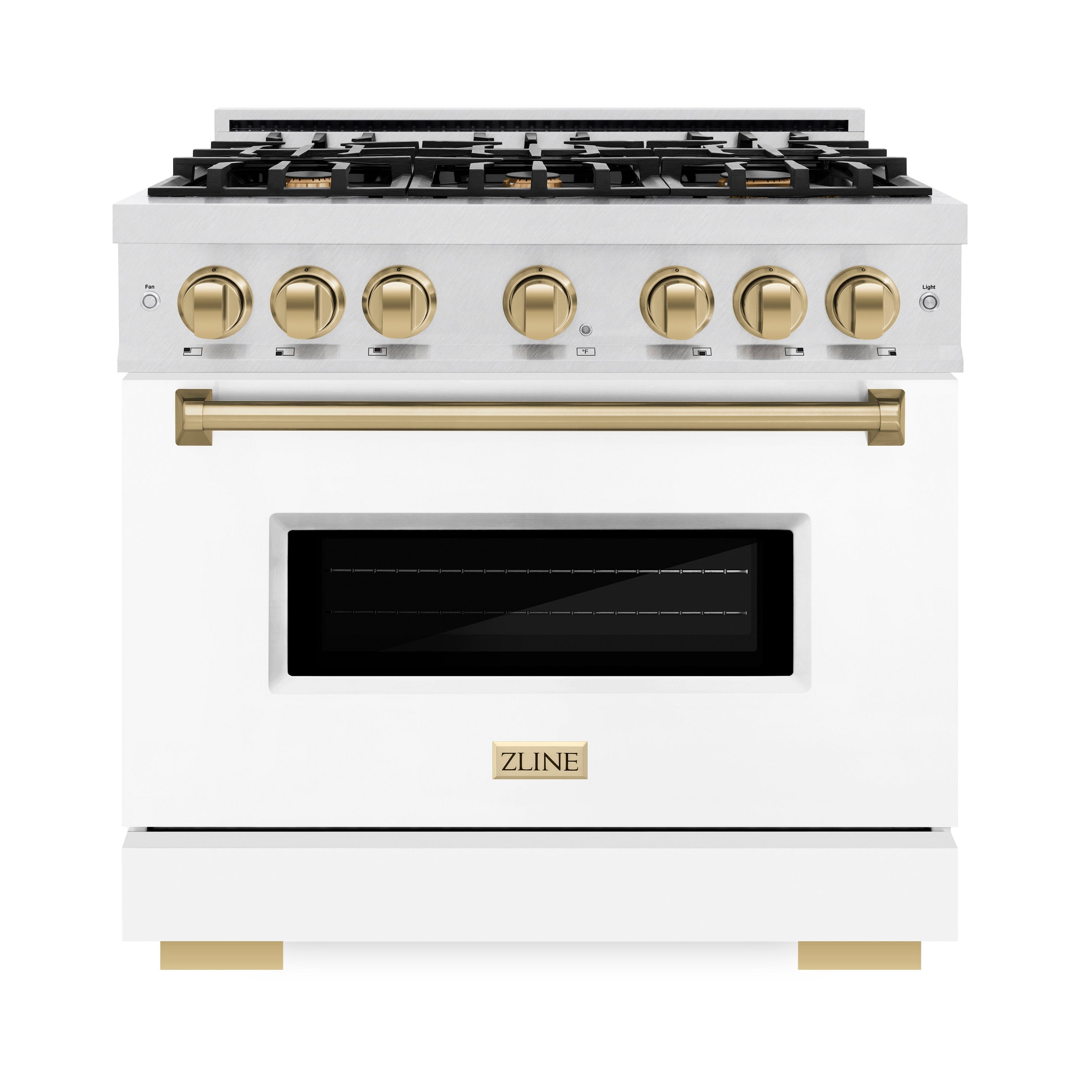 ZLINE 36 in. Dual Fuel Range 5.2 cu. ft. with 6 Burner Gas Cooktop, Electric Convection Oven, White Matte Door & Champagne Bronze Accents (CDRSZ-WM-36-CB)