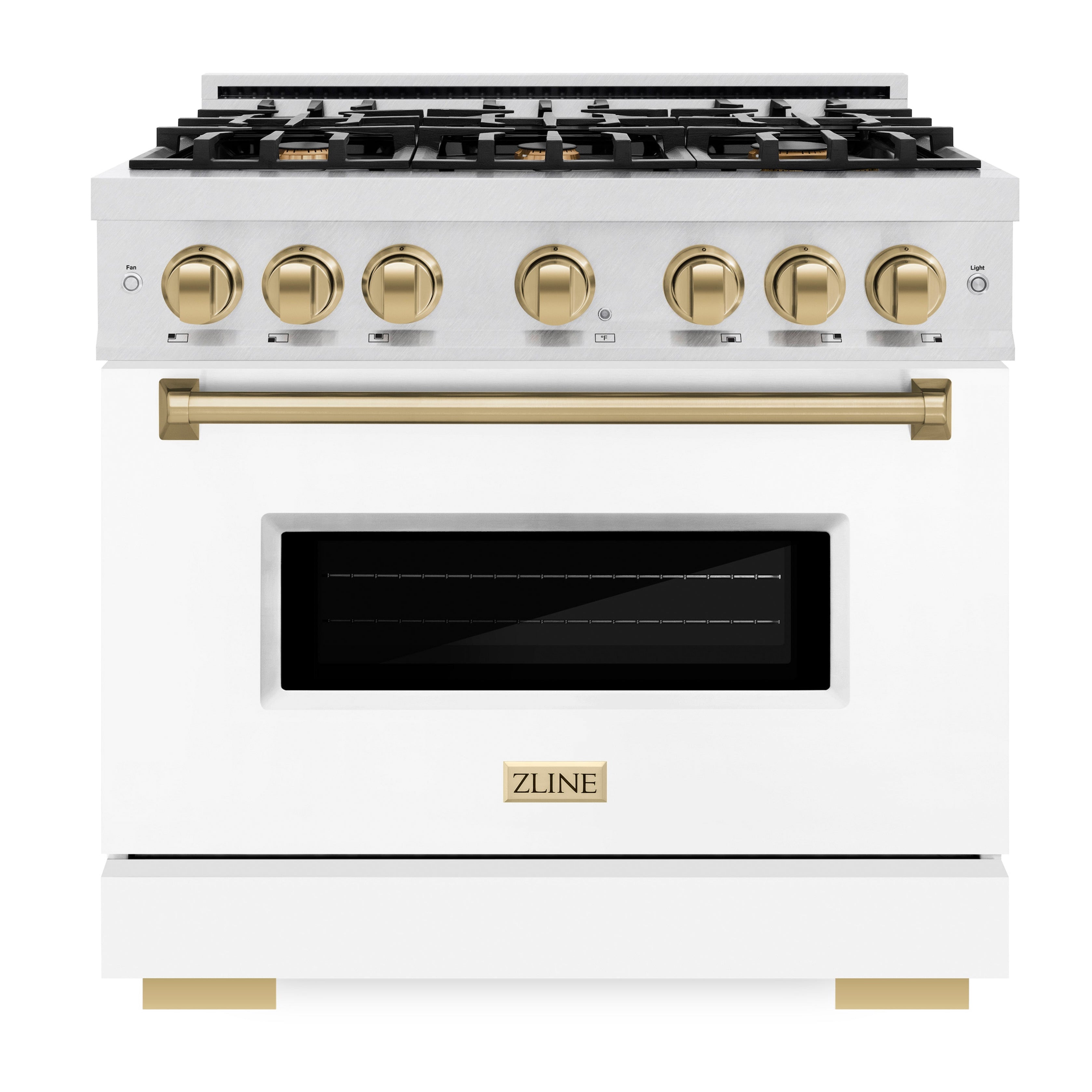 ZLINE 36 in. Dual Fuel Range 5.2 cu. ft. – 6 Burner Gas Cooktop, Electric Convection Oven, Satin Stainless Steel, White Matte Door, Polished Gold Accents (CDRSZ-WM-36-G)