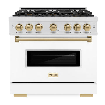 ZLINE 36 in. Dual Fuel Range 5.2 cu. ft. – 6 Burner Gas Cooktop, Electric Convection Oven, Satin Stainless Steel, White Matte Door, Polished Gold Accents (CDRSZ-WM-36-G)