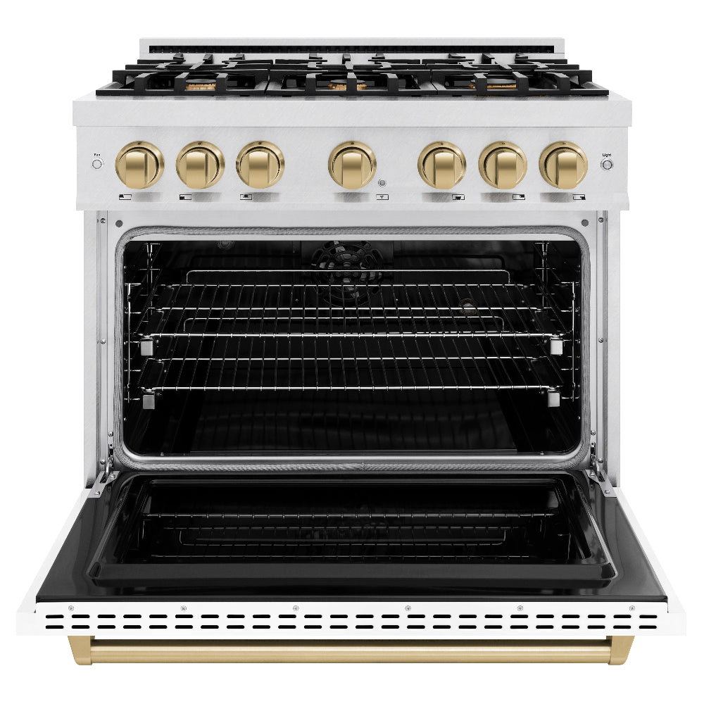 ZLINE 36 in. Dual Fuel Range 5.2 cu. ft. with 6 Burner Gas Cooktop, Electric Convection Oven, White Matte Door & Champagne Bronze Accents (CDRSZ-WM-36-CB)