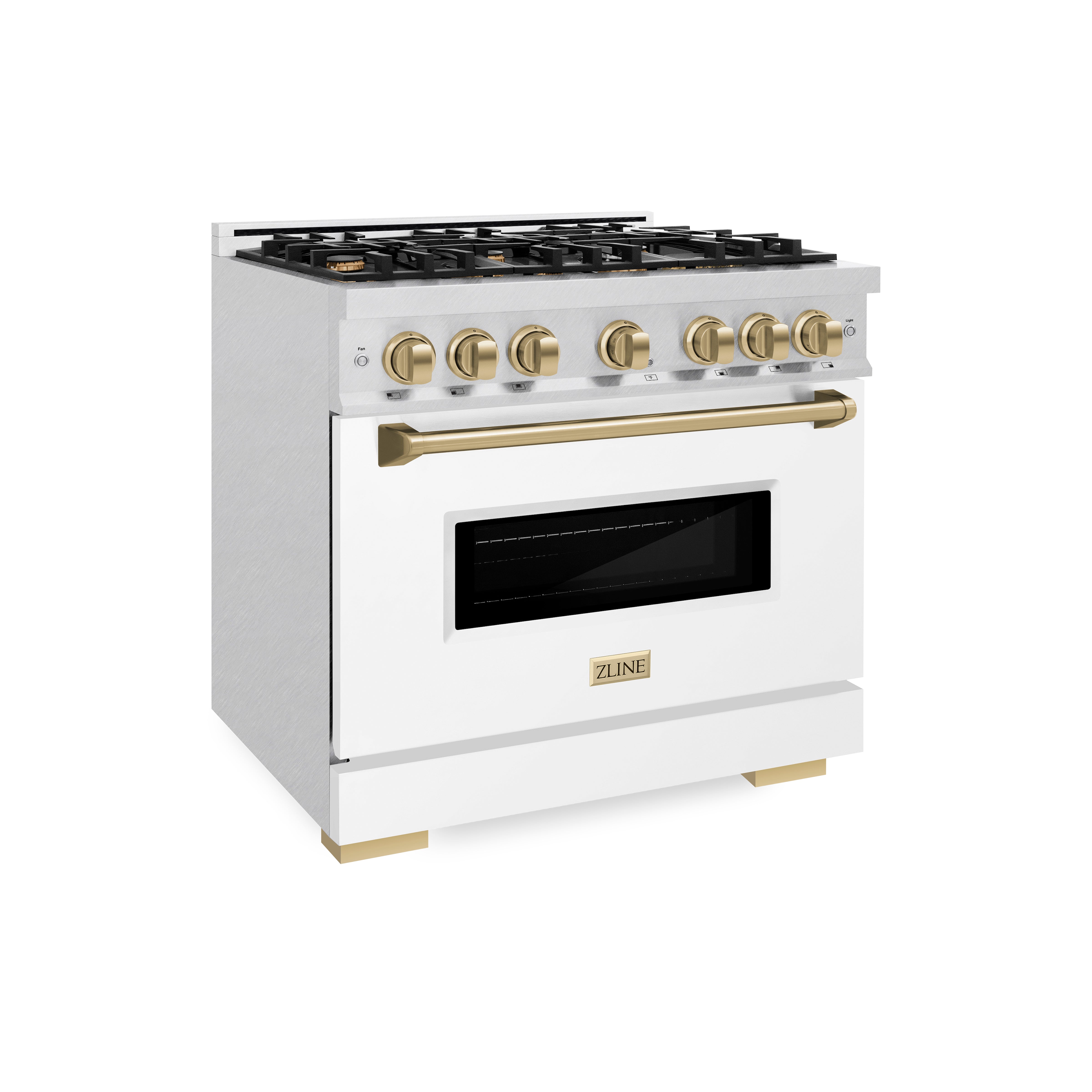 ZLINE 36 in. Dual Fuel Range 5.2 cu. ft. – 6 Burner Gas Cooktop, Electric Convection Oven, Satin Stainless Steel, White Matte Door, Polished Gold Accents (CDRSZ-WM-36-G)
