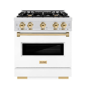 ZLINE 30 in. Dual Fuel Range 4.2 cu. ft. Gas Cooktop with 4 Burners and Electric Convection Oven, Satin Stainless Steel with White Matte Door and Polished Gold Accents (CDRSZ-WM-30-G)