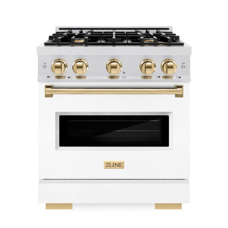 ZLINE 30 in. Dual Fuel Range 4.2 cu. ft. Gas Cooktop with 4 Burners and Electric Convection Oven, Satin Stainless Steel with White Matte Door and Polished Gold Accents (CDRSZ-WM-30-G)